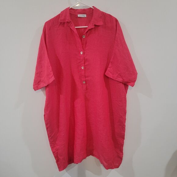 Color Di Capri Womens Linen Shirt Dress One Size Italy Pink Popover Lagenlook - Picture 1 of 8